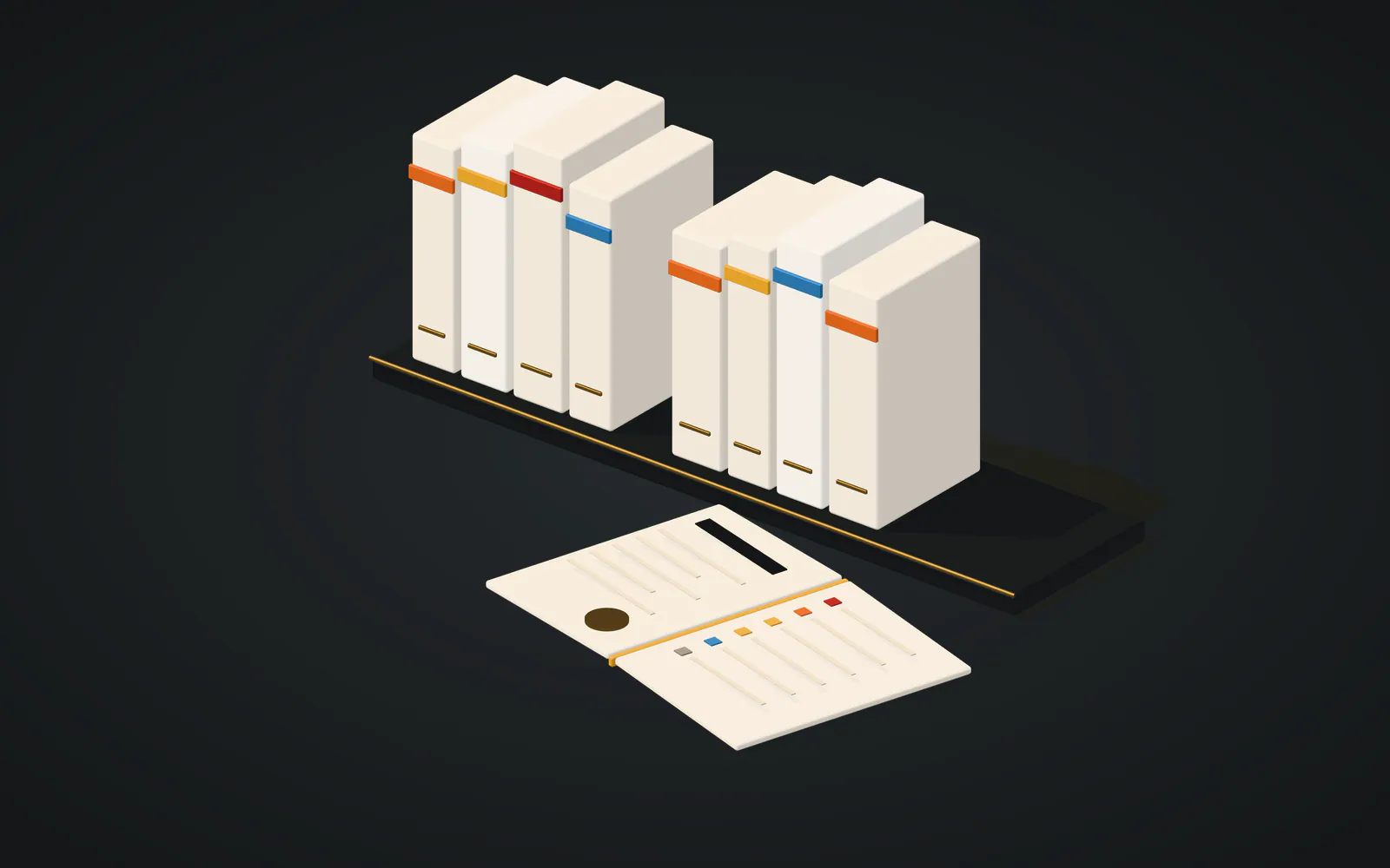 Illustration: bound assessment reports on a shelf, spines banded by severity, one volume open at its findings table.