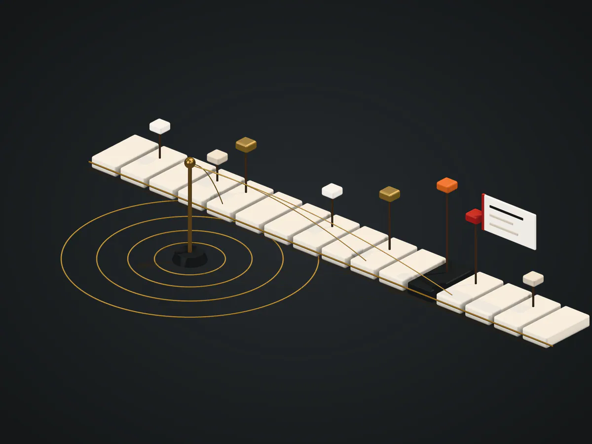 A timeline of blocks with event pins of different severities, a sensor mast emitting pulse rings and one escalated alert.