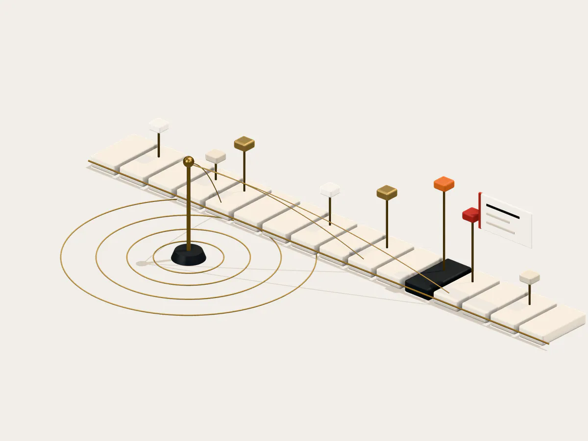 A timeline of blocks with event pins of different severities, a sensor mast emitting pulse rings and one escalated alert.
