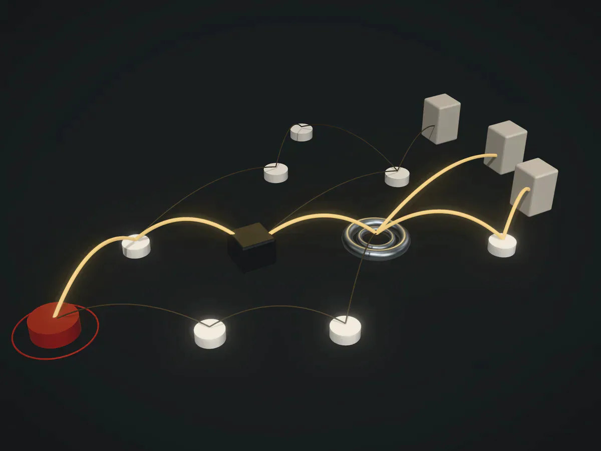 A fund-flow graph in depth: wallets, a contract, a mixer and exit points, with the traced path highlighted in brass from a red source.