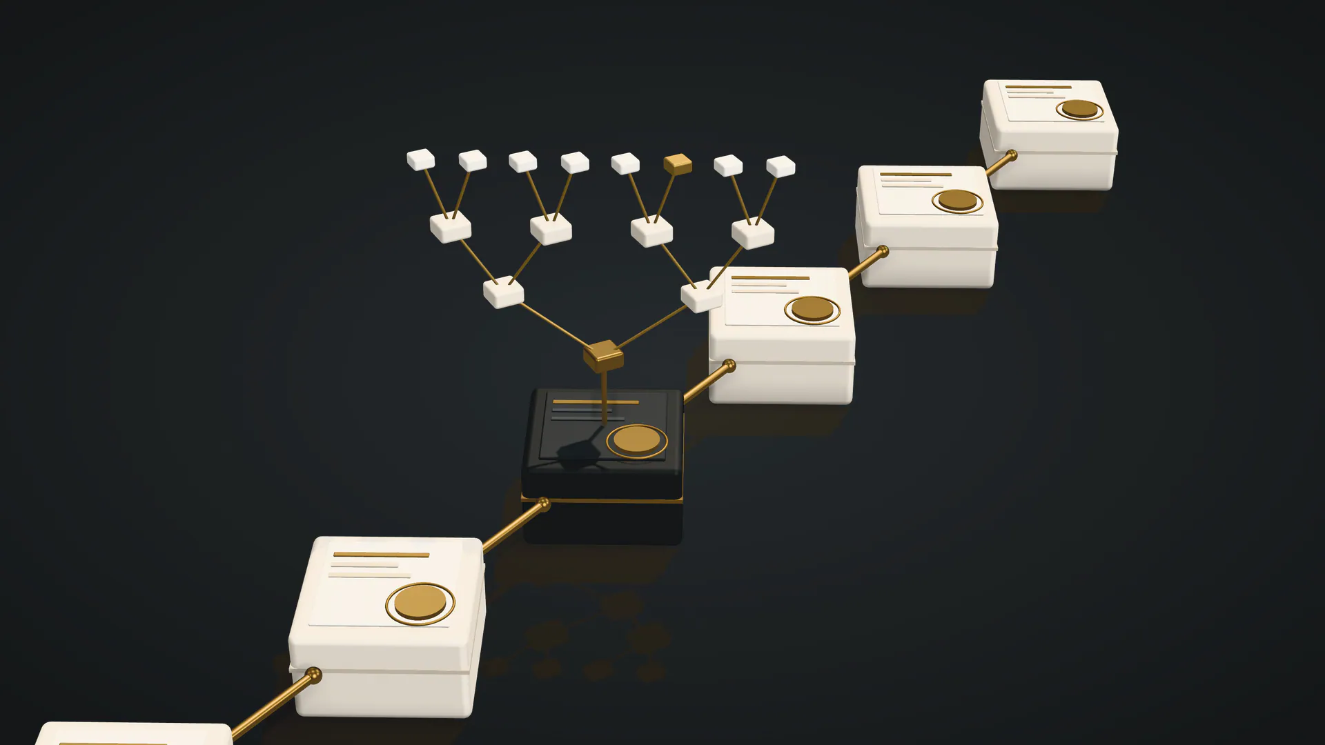 A chain of sealed ledger blocks linked by brass pointers, with the Merkle tree of one finalised block rising above it.