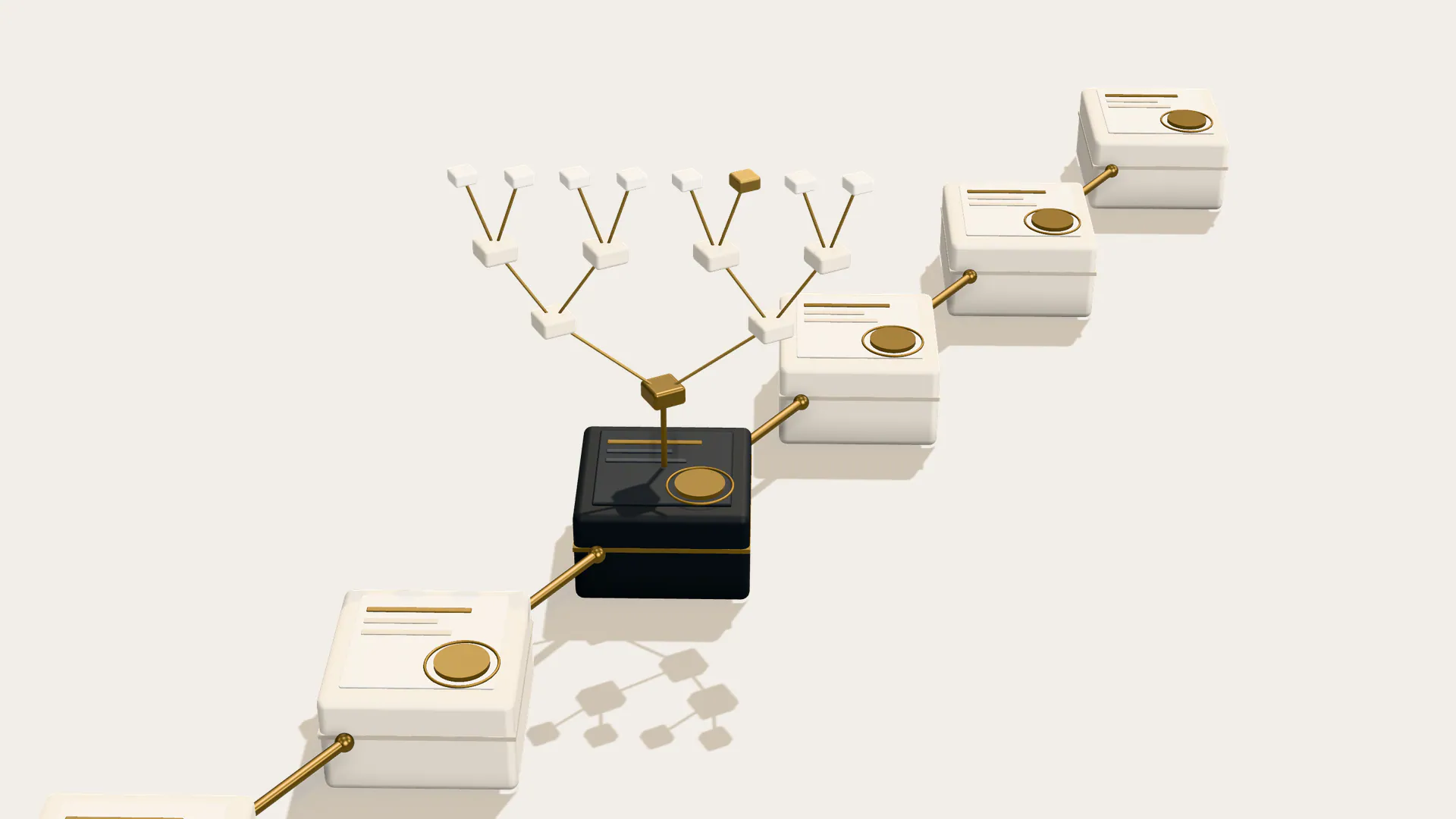 A chain of sealed ledger blocks linked by brass pointers, with the Merkle tree of one finalised block rising above it.