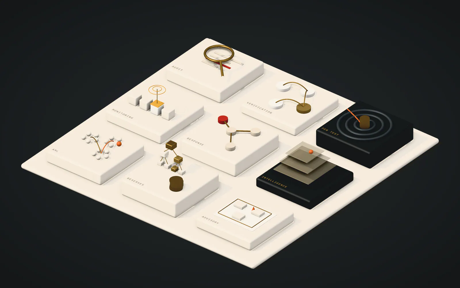Isometric illustration of nine pedestals on one platform, each carrying the emblem of a Quantix discipline: audit, verification, penetration testing, monitoring, response, intelligence, AML, reserves and advisory.