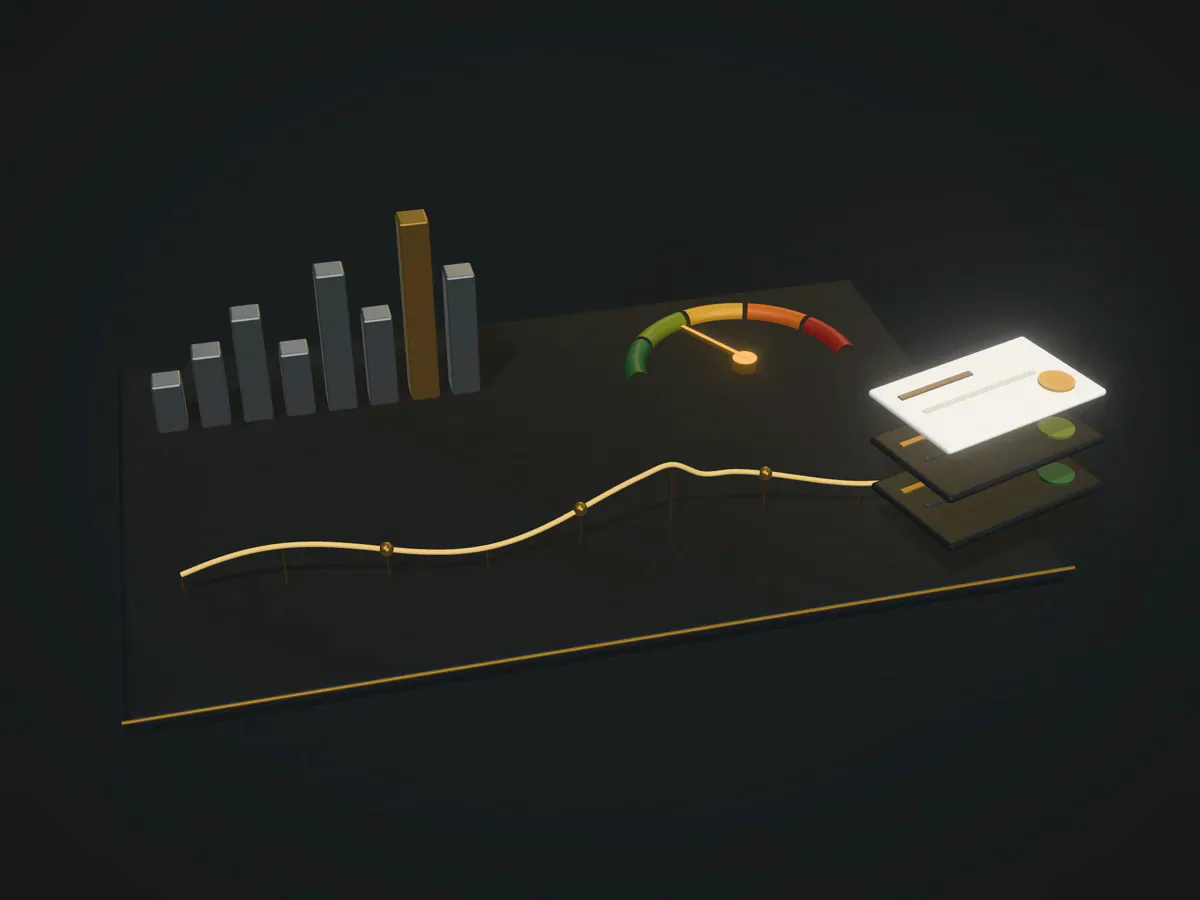 An analytics board in graphite: extruded bars, a segmented risk gauge, a trend line and stacked protocol cards.