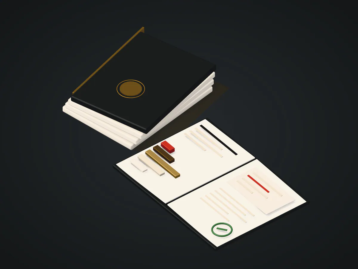 A bound security assessment report opened on its findings page, with severity bars, a finding card and a remediation mark.