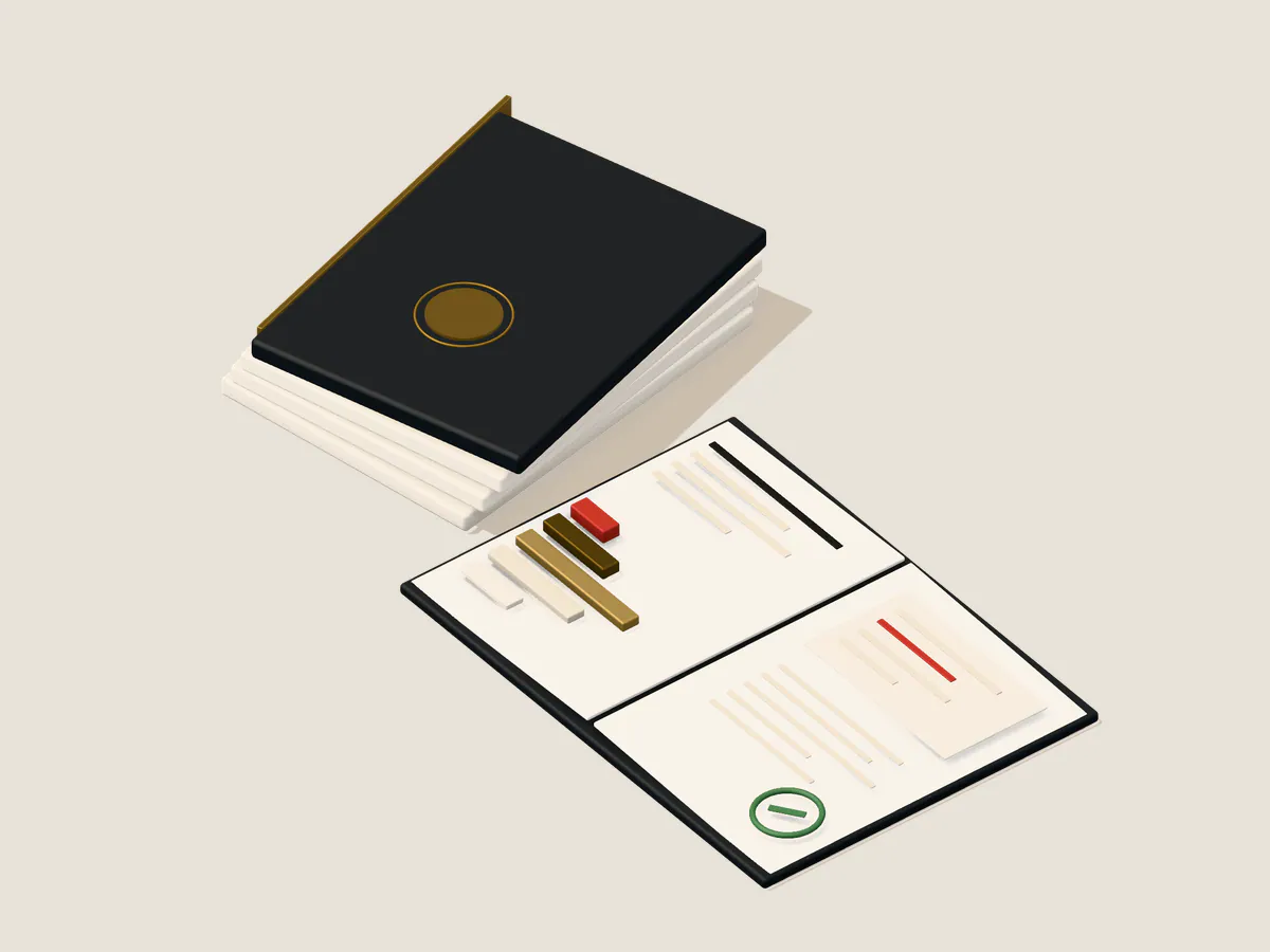 A bound security assessment report opened on its findings page, with severity bars, a finding card and a remediation mark.