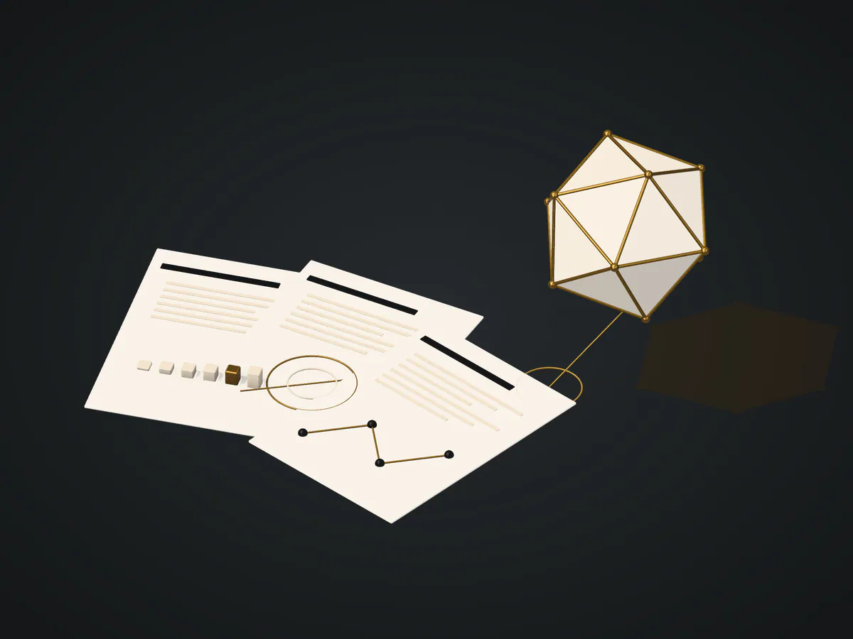 Research sheets with engraved figures fanned on a desk, beneath a faceted geometric form with brass edges.