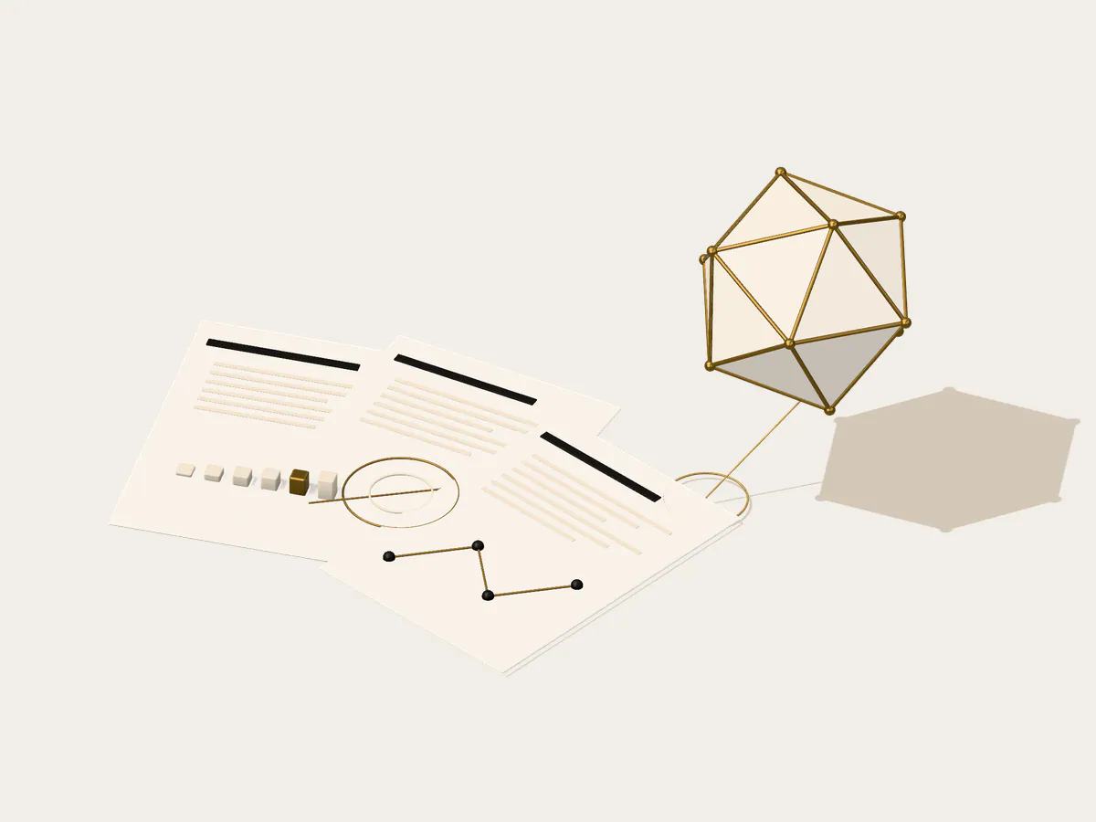 Research sheets with engraved figures fanned on a desk, beneath a faceted geometric form with brass edges.