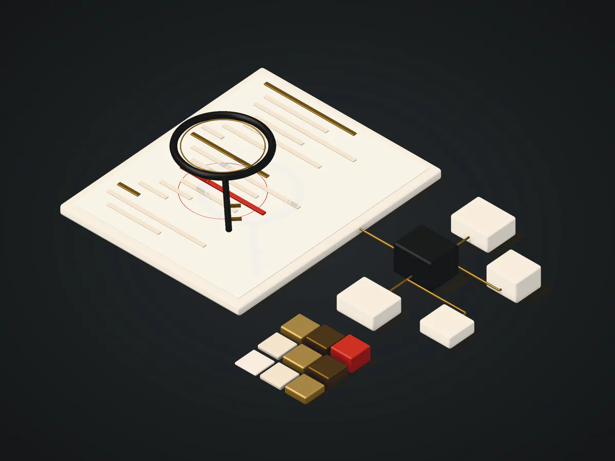 Isometric illustration: a contract source file under an inspection lens with one critical line, a call graph of contract modules and a severity matrix.