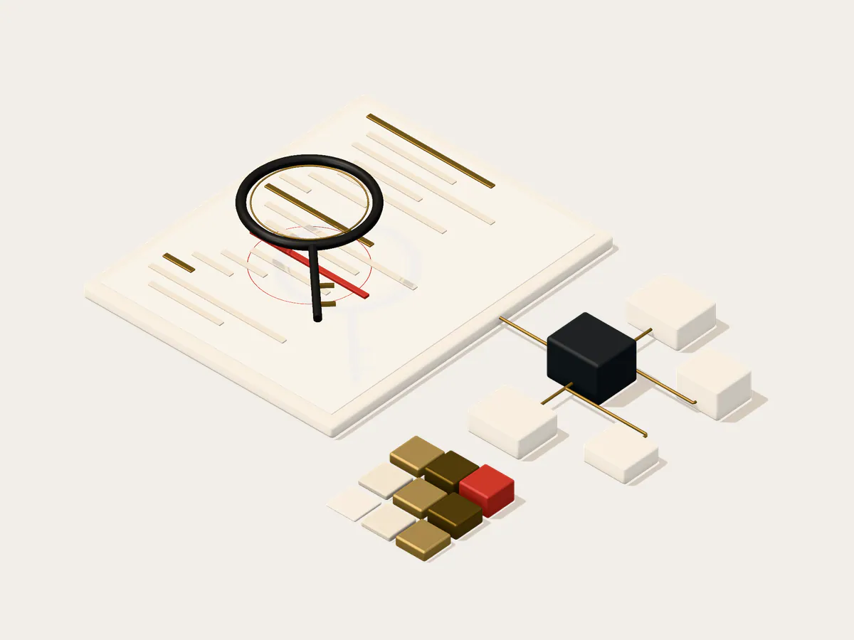 Isometric illustration: a contract source file under an inspection lens with one critical line, a call graph of contract modules and a severity matrix.