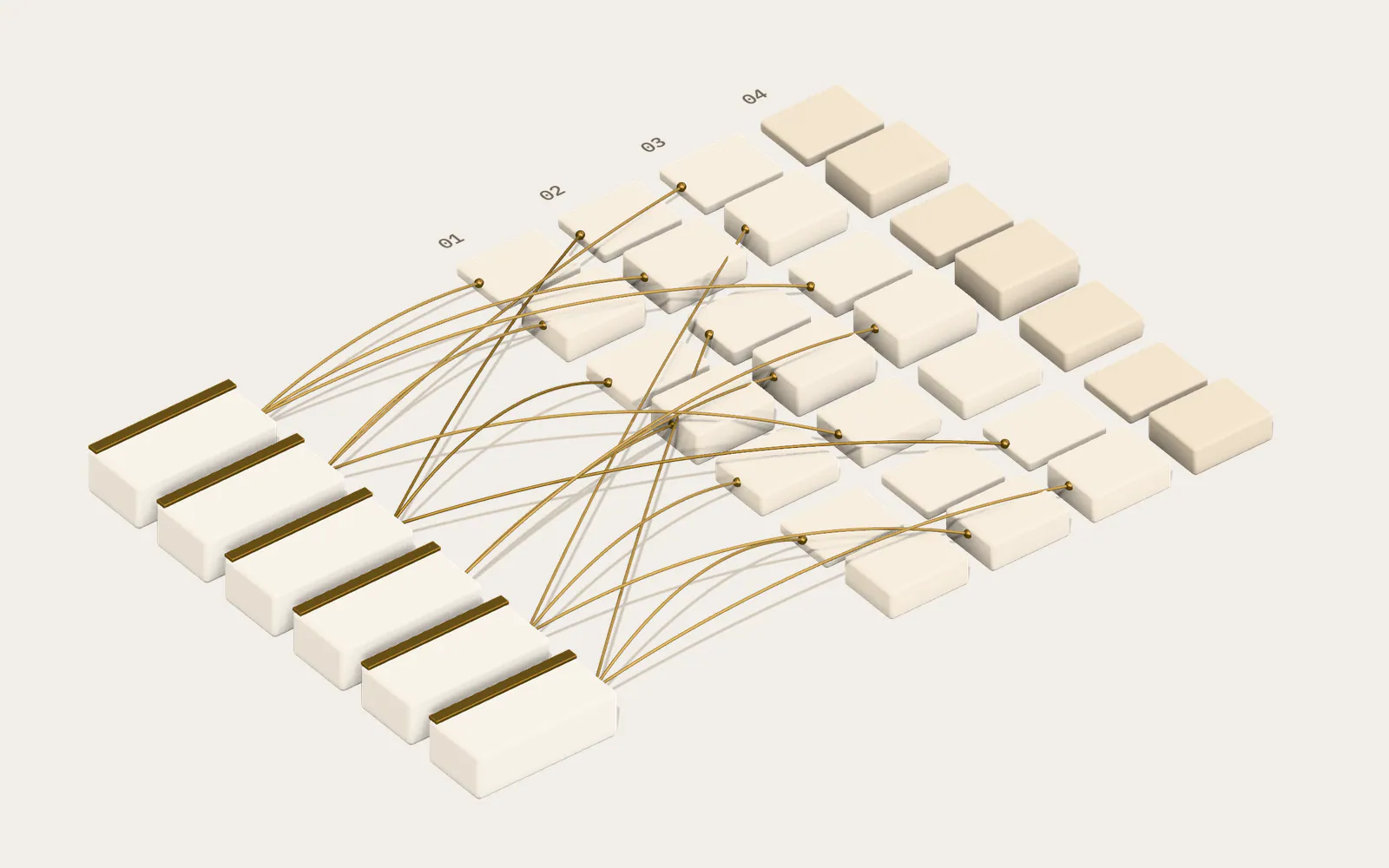 Isometric illustration of a crosswalk: a column of method blocks connected by brass threads to columns of framework control tiles.
