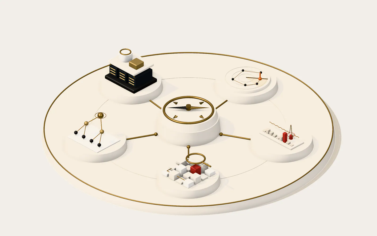 Illustration of the research structure: a compass at the centre for research leadership, linked to five pedestals for contract assessment, formal methods, infrastructure, threat intelligence and security operations.