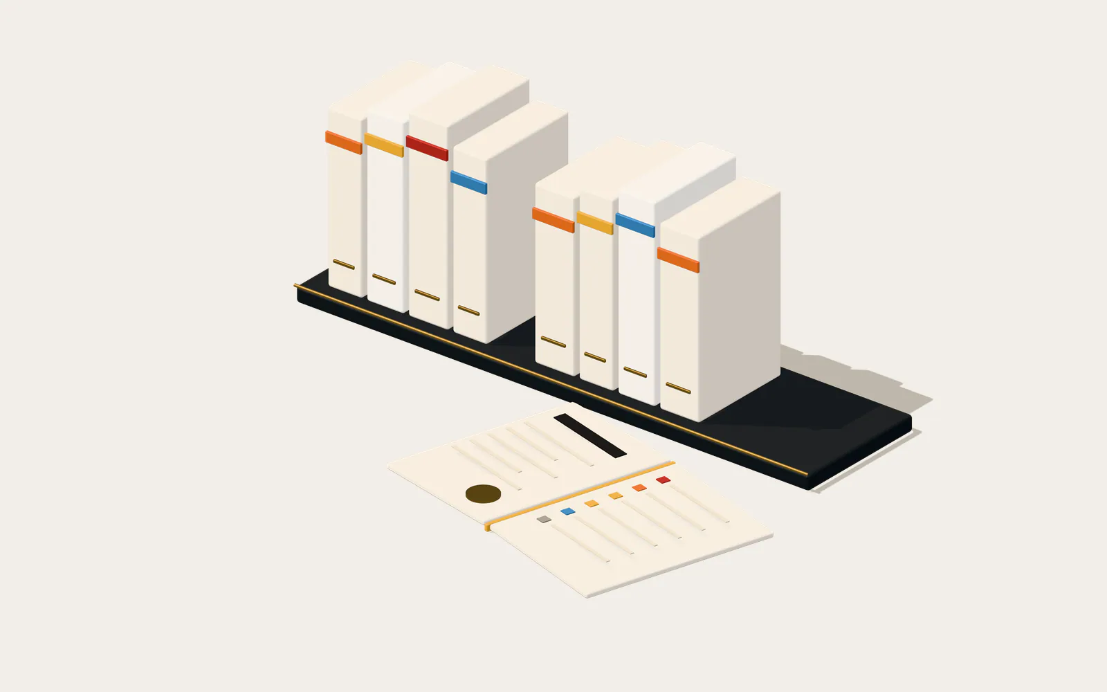 Illustration: bound assessment reports on a shelf, spines banded by severity, one volume open at its findings table.