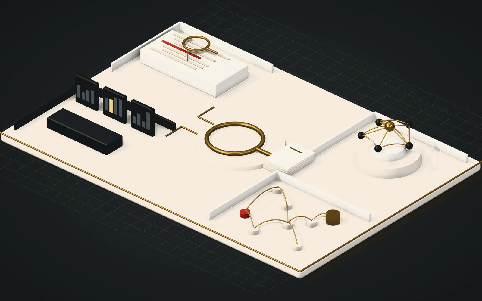 Isometric illustration of a laboratory floor: bays for code review, formal methods, monitoring and fund-flow forensics, joined by brass conduits around the Quantix lens.