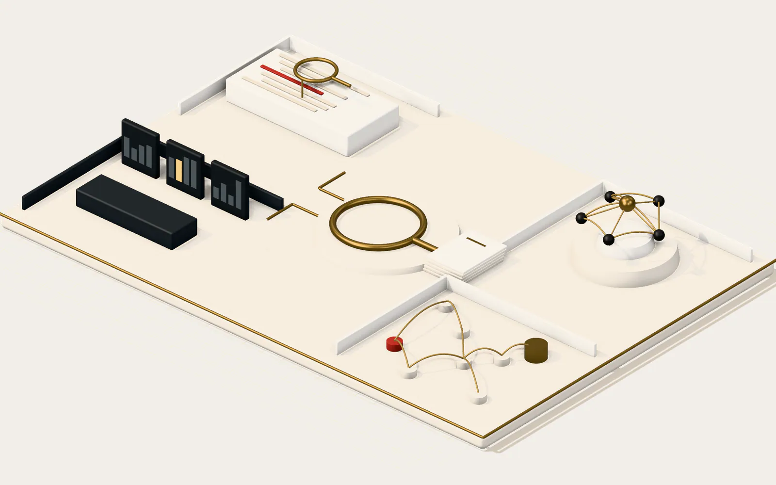 Isometric illustration of a laboratory floor: bays for code review, formal methods, monitoring and fund-flow forensics, joined by brass conduits around the Quantix lens.