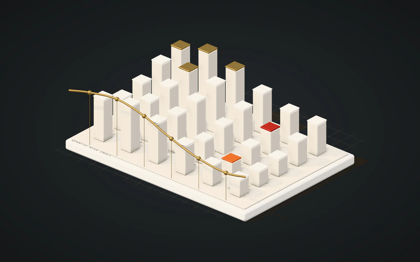 Illustration: a plinth of protocol columns of different heights under a brass index curve, an abstract risk landscape