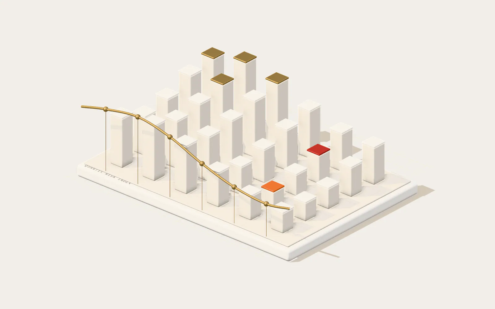 Illustration: a plinth of protocol columns of different heights under a brass index curve, an abstract risk landscape