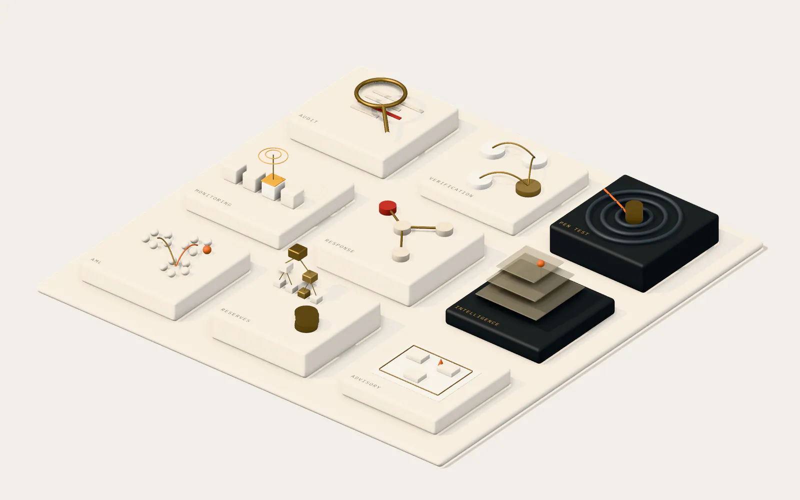 Isometric illustration of nine pedestals on one platform, each carrying the emblem of a Quantix discipline: audit, verification, penetration testing, monitoring, response, intelligence, AML, reserves and advisory.
