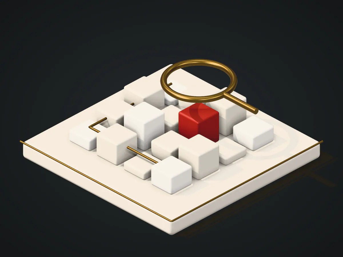 Emblem for smart contract assessment: a grid of contract modules under the Quantix lens, one marked red as a finding.