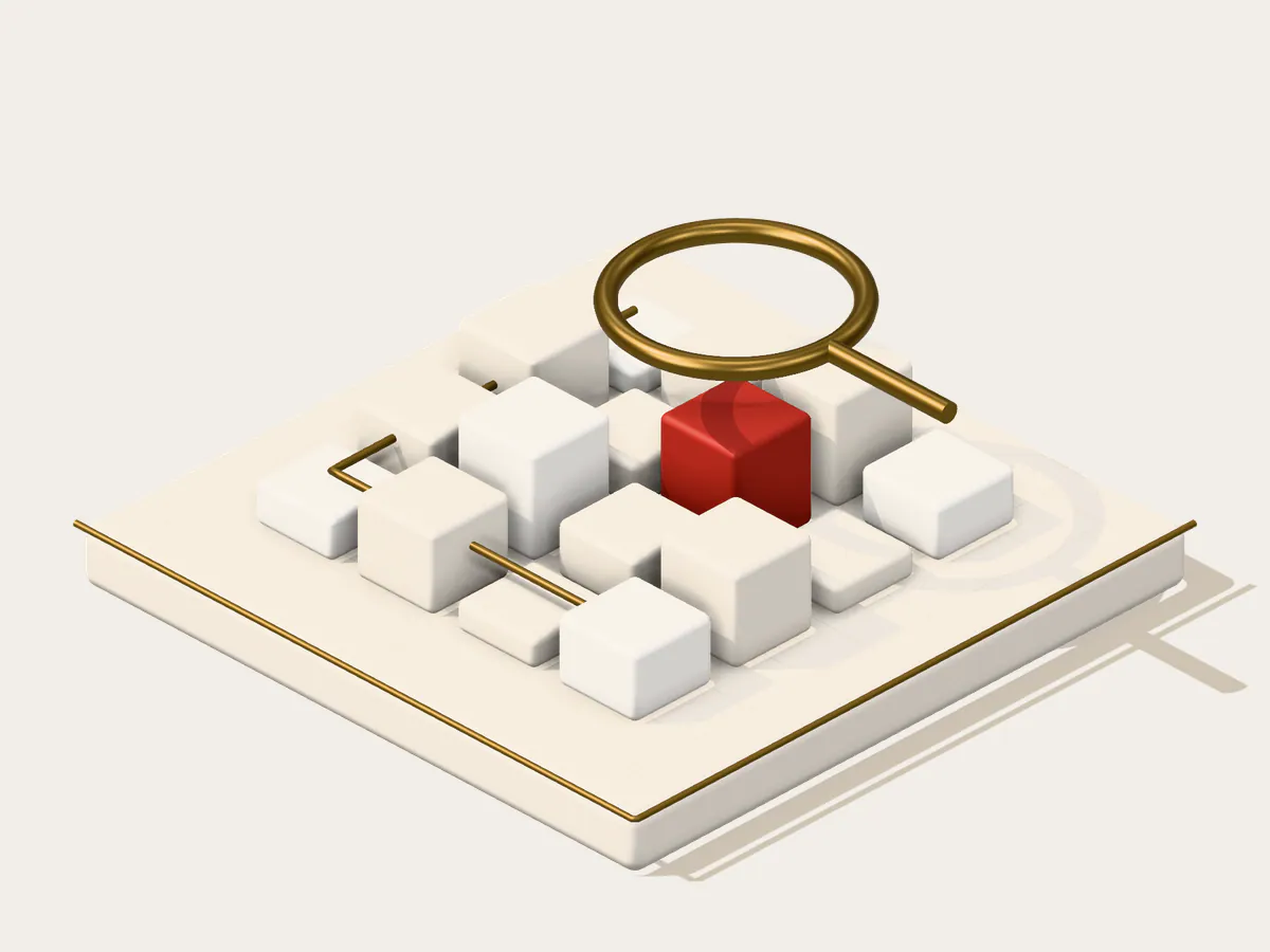 Emblem for smart contract assessment: a grid of contract modules under the Quantix lens, one marked red as a finding.