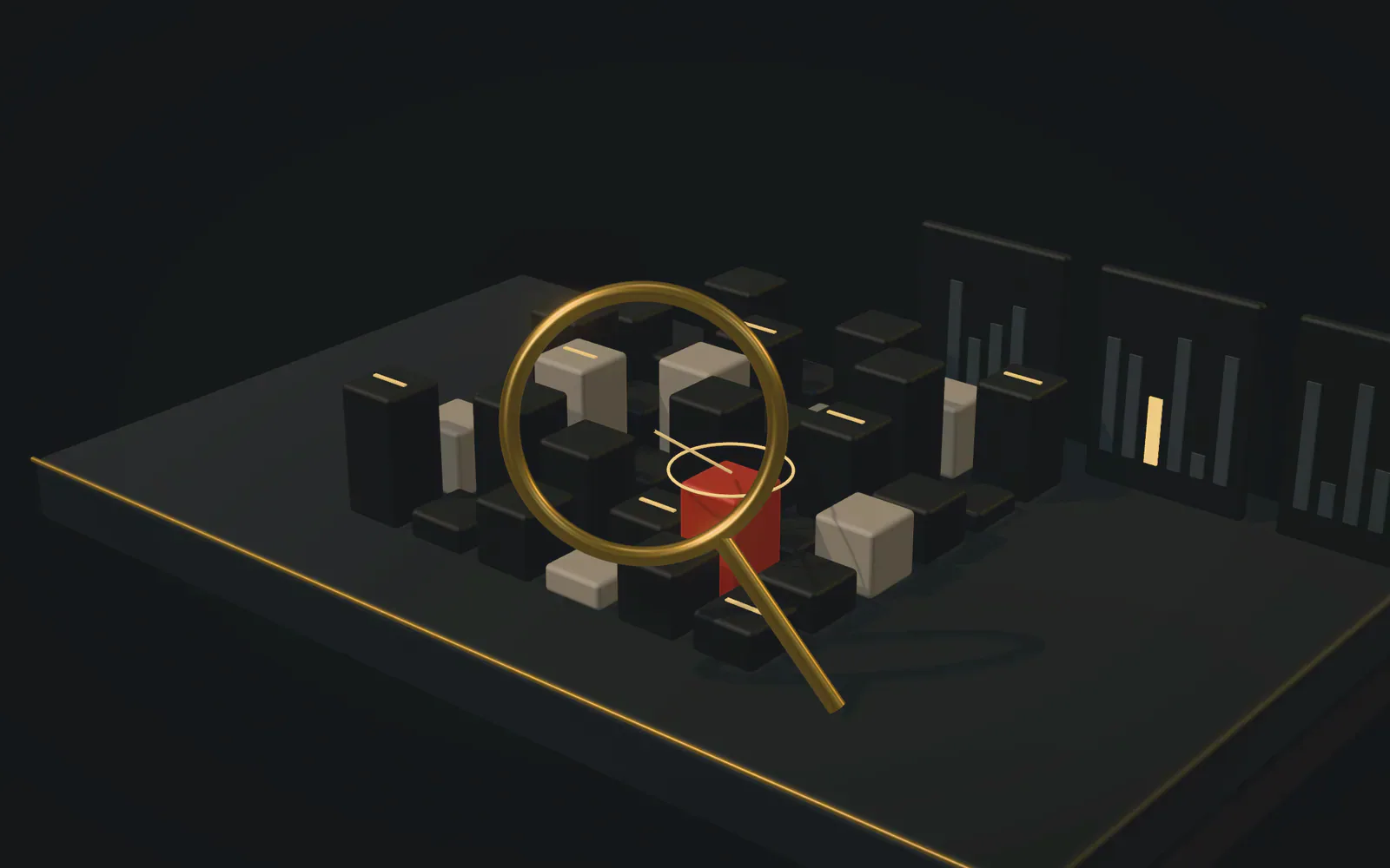 Illustration of the Quantix lens examining a grid of contract modules on a graphite bench, with one module marked as a finding.