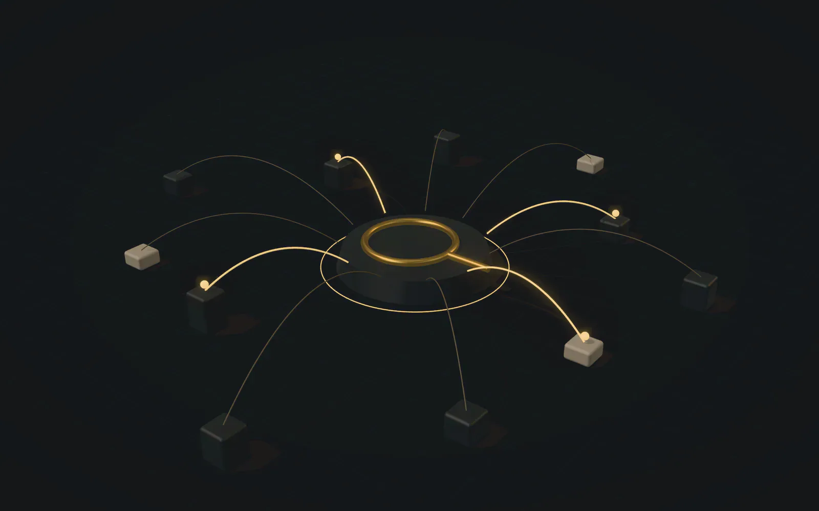 Illustration of a researcher network: stations spread across a dark field send findings along brass arcs to one coordinated intake.