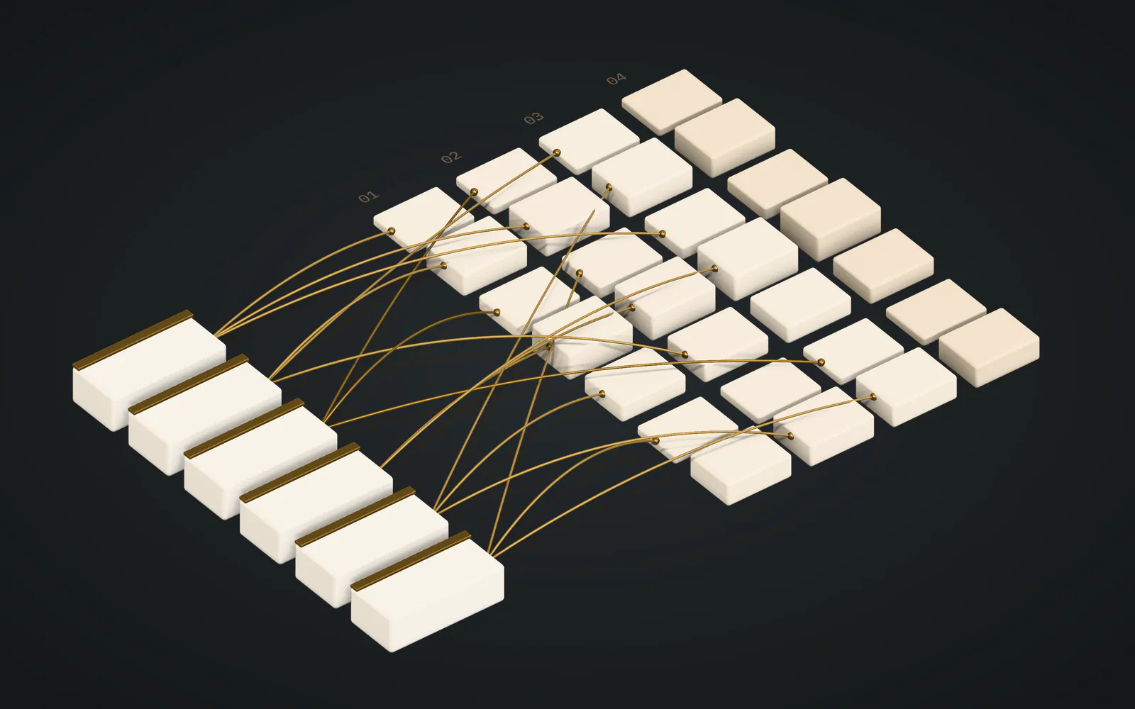 Isometric illustration of a crosswalk: a column of method blocks connected by brass threads to columns of framework control tiles.