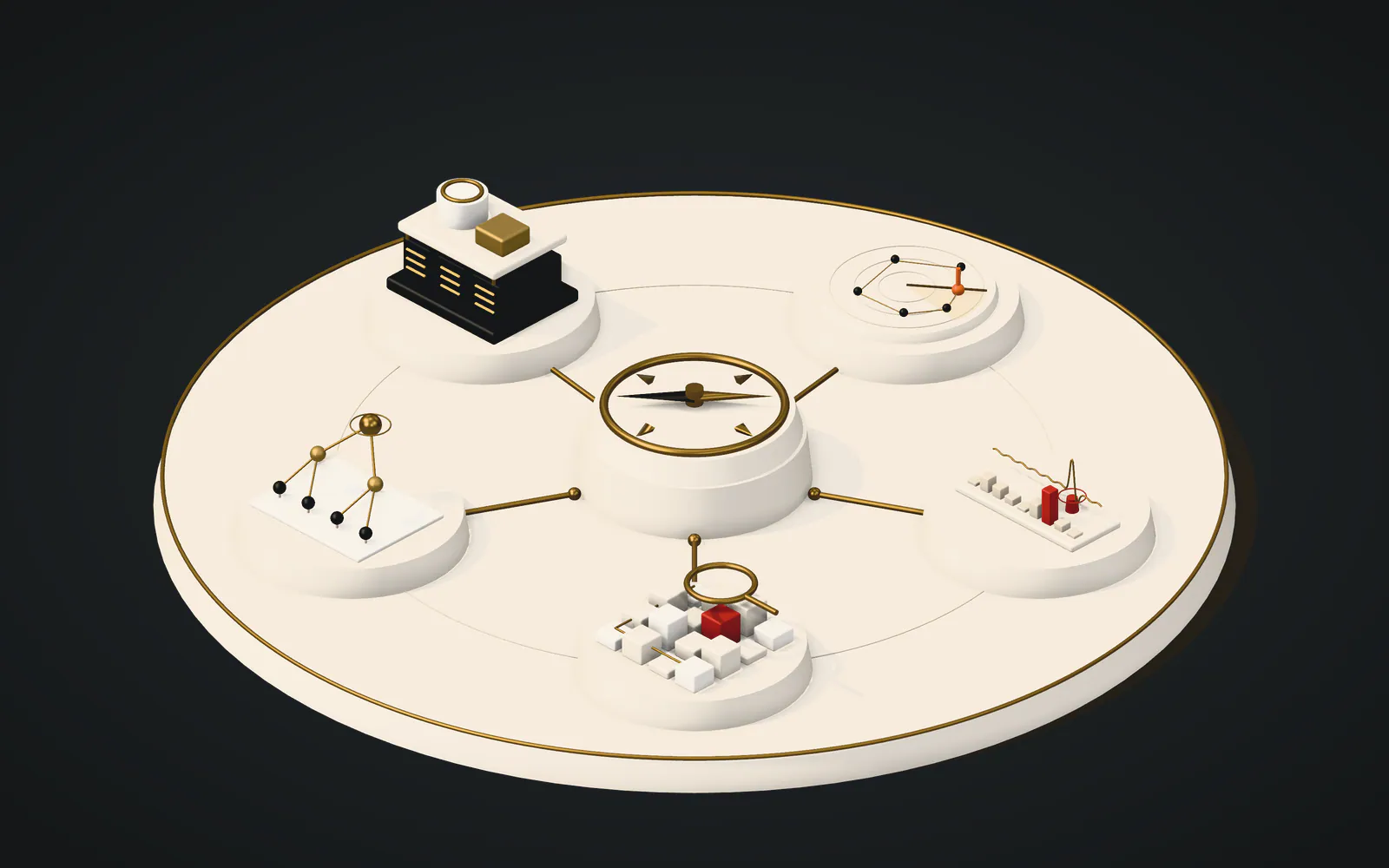 Illustration of the research structure: a compass at the centre for research leadership, linked to five pedestals for contract assessment, formal methods, infrastructure, threat intelligence and security operations.