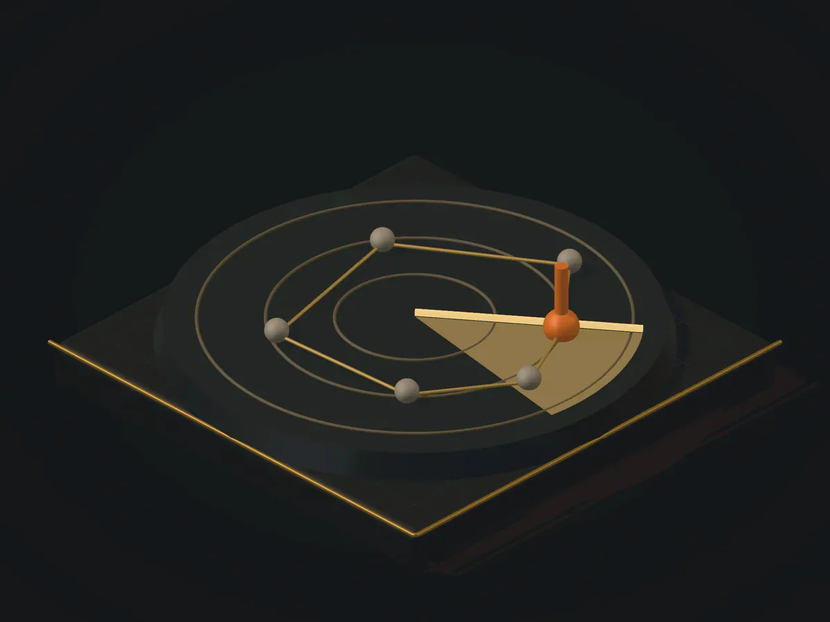 Emblem for threat intelligence: a radar sweep over a network map with one flagged indicator.